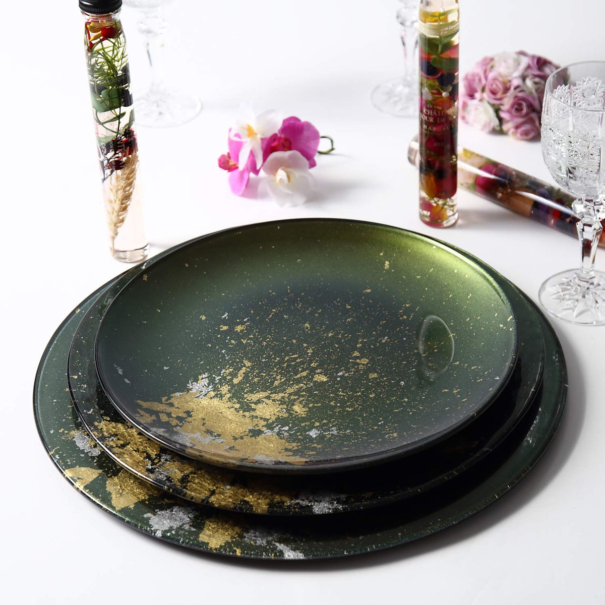 Syosaku Japanese Urushi Glass Dinner Plate Majestic Green with Gold Leaf NEW