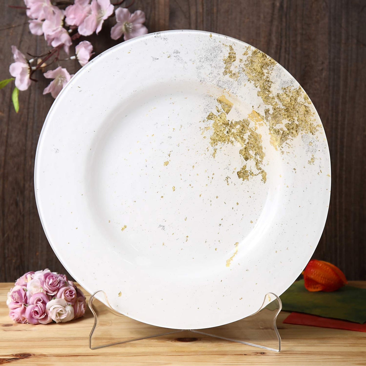 Syosaku Dinner Plates Glass 12.5-inch Pure White with Gold Leaf Dishwasher NEW