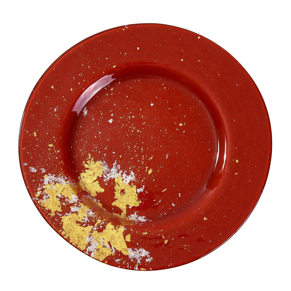 Syosaku Vermilion Glass Dinner Plate with Gold Leaf, 12.5-inch, Elegant NEW