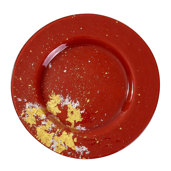 Syosaku Vermilion Glass Dinner Plate with Gold Leaf, 12.5-inch, Elegant NEW