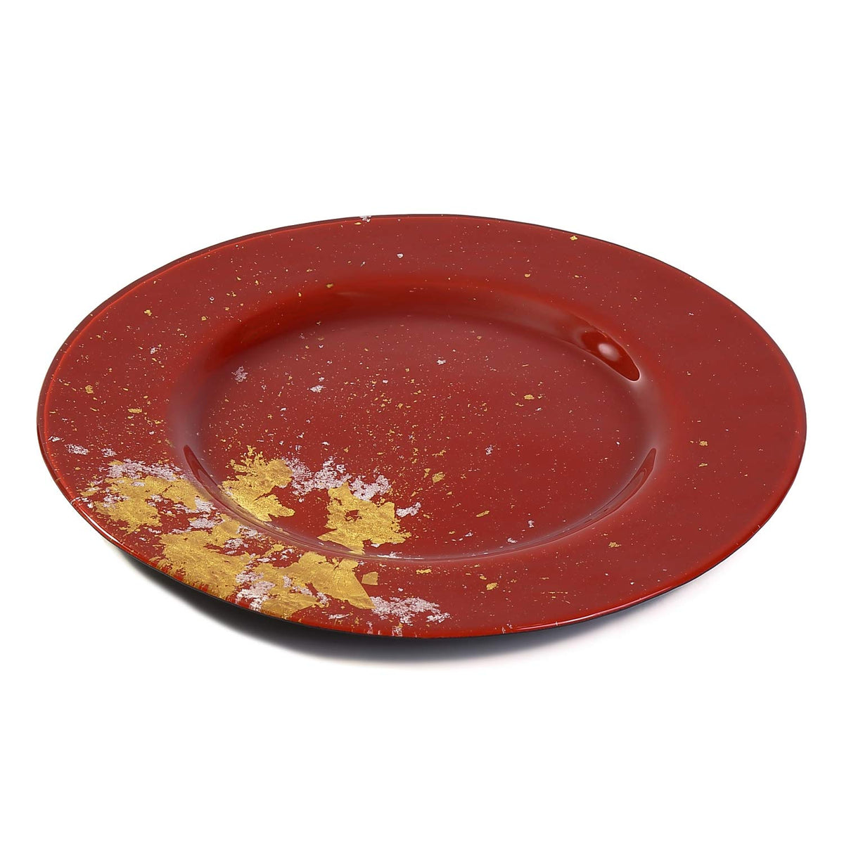 Syosaku Vermilion Glass Dinner Plate with Gold Leaf, 12.5-inch, Elegant NEW