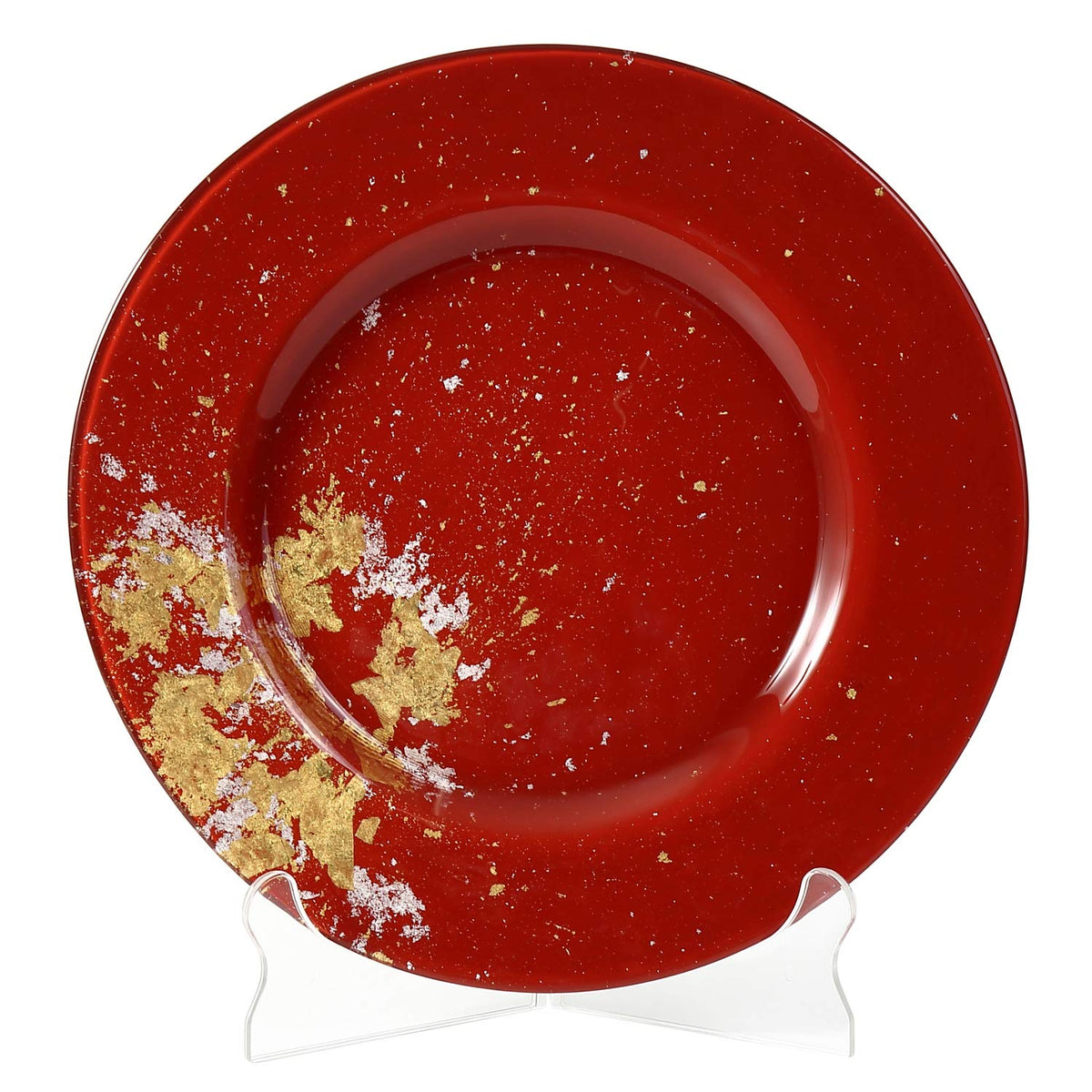 Syosaku Vermilion Glass Dinner Plate with Gold Leaf, 12.5-inch, Elegant NEW