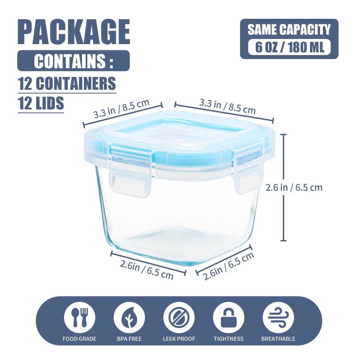YOZOTI 12-Pack Container Sets Mini Glass Food Containers, 6oz Meal Prep NEW