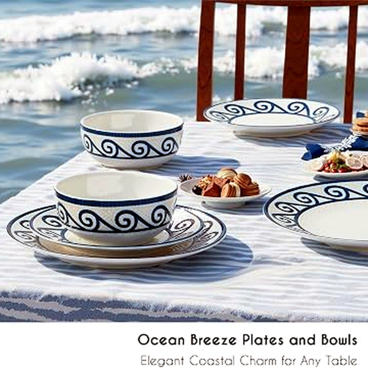 JODEVI Coastal Serenity 12-Pce Stoneware Dinner Plates & Bowls Set Tableware NEW