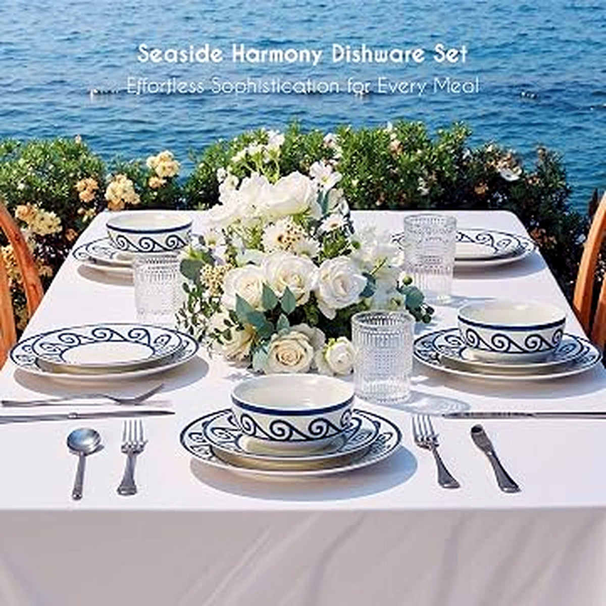 JODEVI Coastal Serenity 12-Pce Stoneware Dinner Plates & Bowls Set Tableware NEW