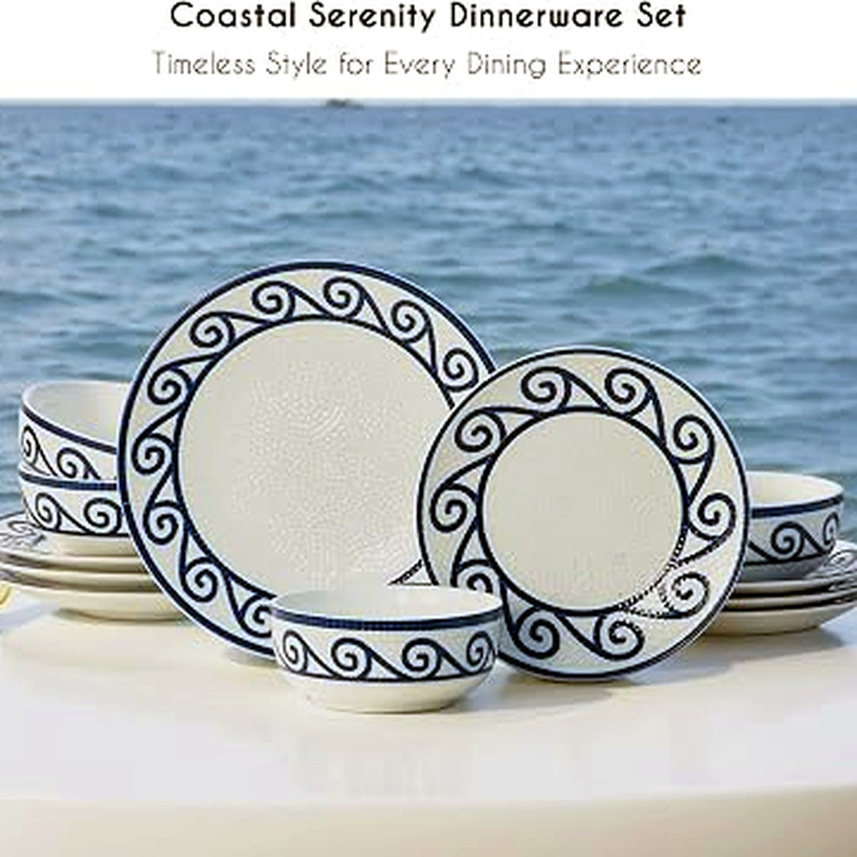 JODEVI Coastal Serenity 12-Pce Stoneware Dinner Plates & Bowls Set Tableware NEW