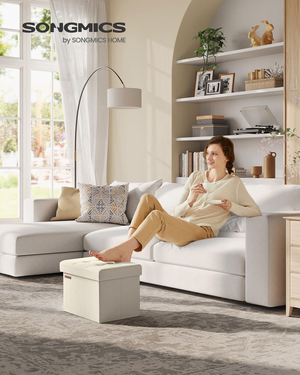 SONGMICS Folding Ottomans Storage Ottoman Foot Rest Stool Cream White NEW