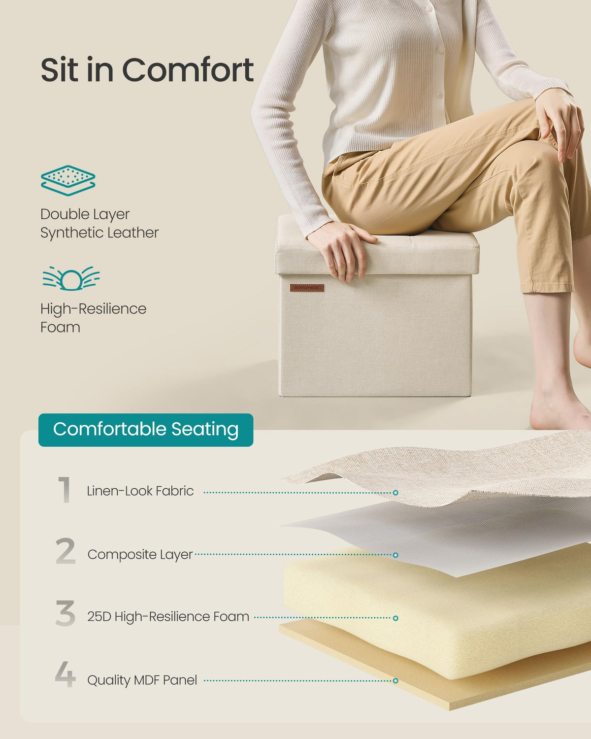 SONGMICS Folding Ottomans Storage Ottoman Foot Rest Stool Cream White NEW