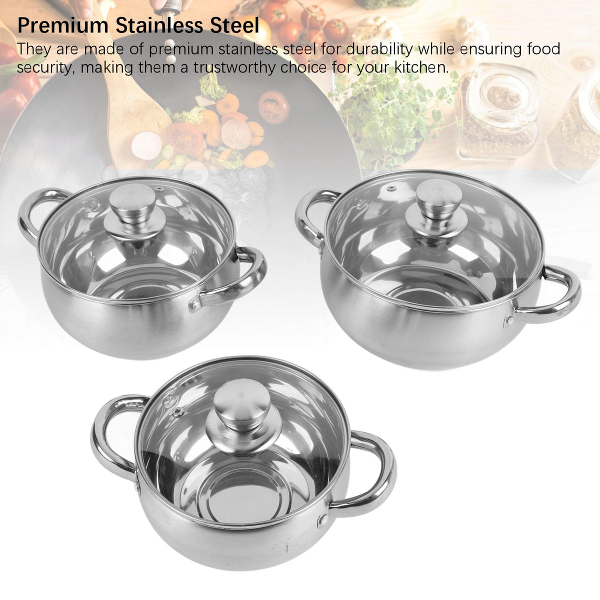 Fdit 3-Piece Stainless Steel Soup Pot Set Thick Non-Stick Bottom Cookware NEW