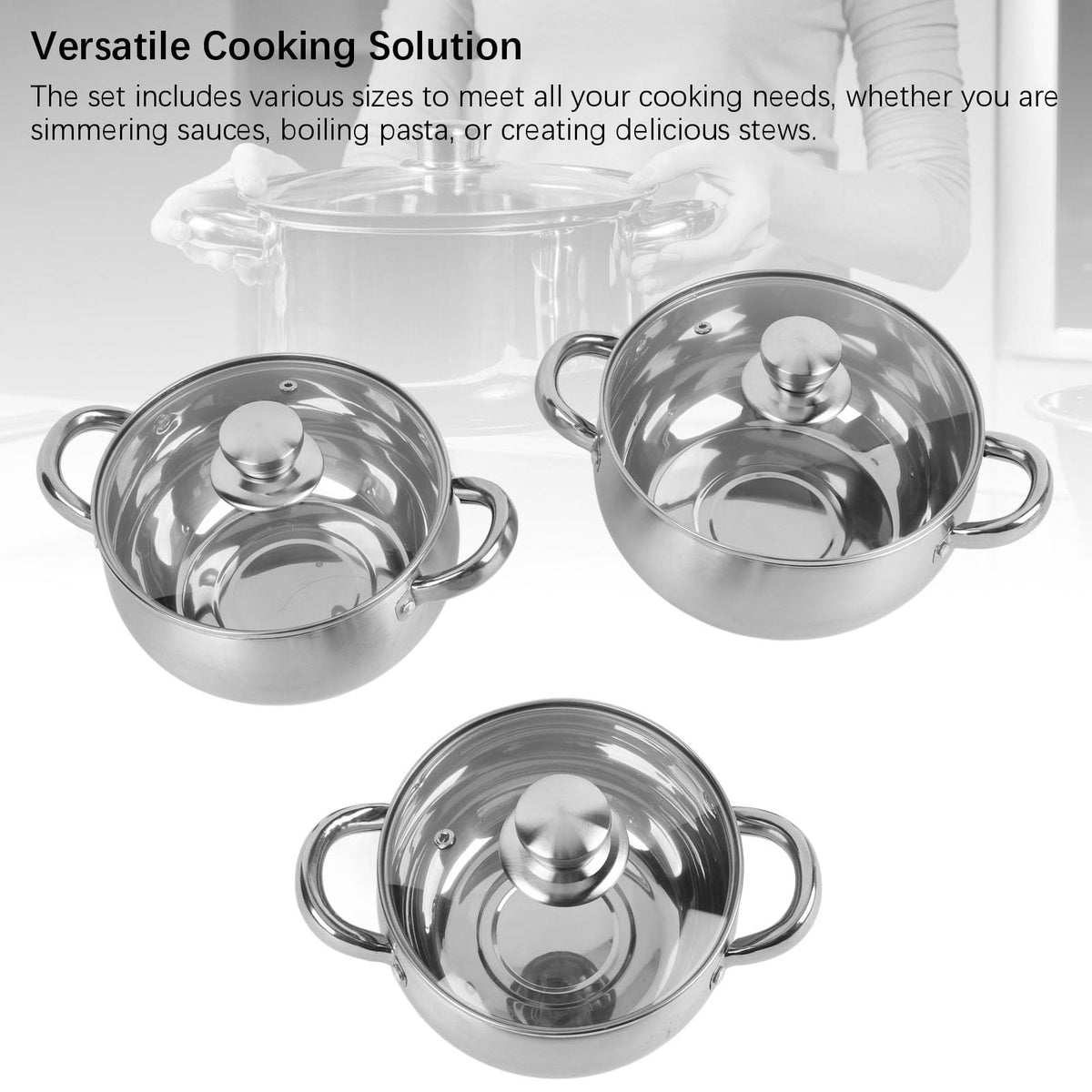 Fdit 3-Piece Stainless Steel Soup Pot Set Thick Non-Stick Bottom Cookware NEW
