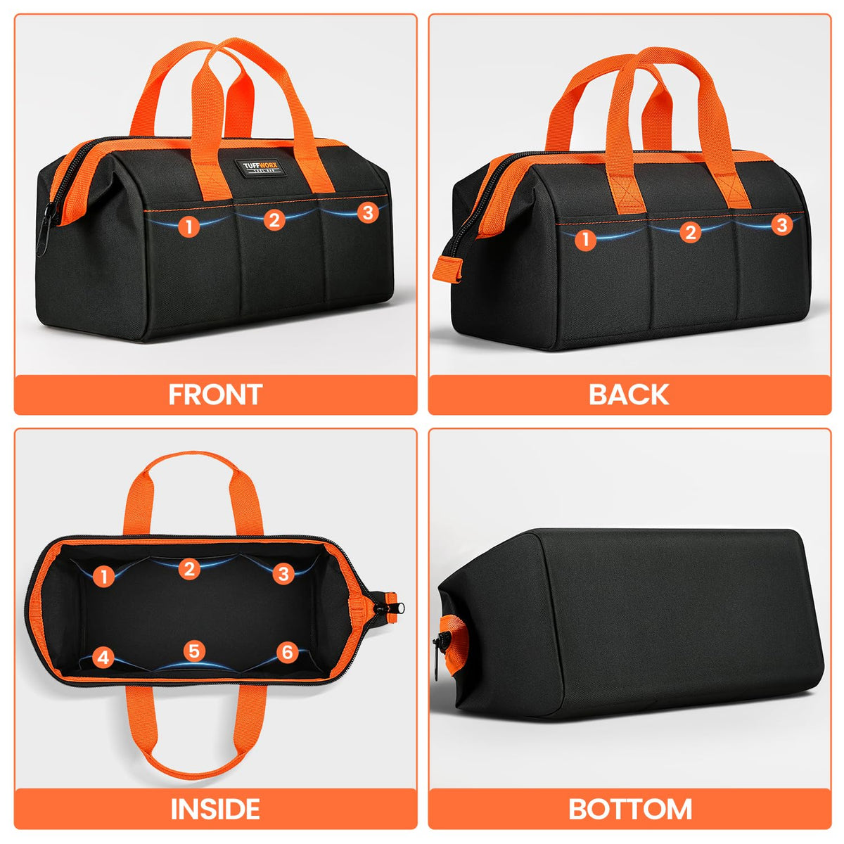 TUFFWORX Wide Open Mouth Tool Bag Multi-Pocket Heavy Duty Storage Organizer NEW