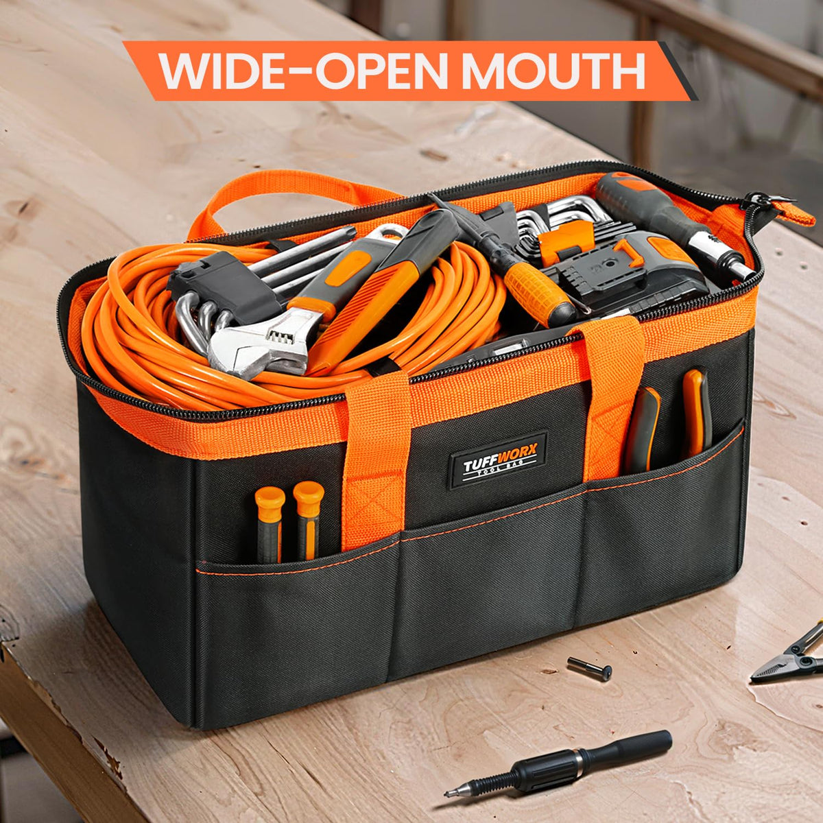 TUFFWORX Wide Open Mouth Tool Bag Multi-Pocket Heavy Duty Storage Organizer NEW
