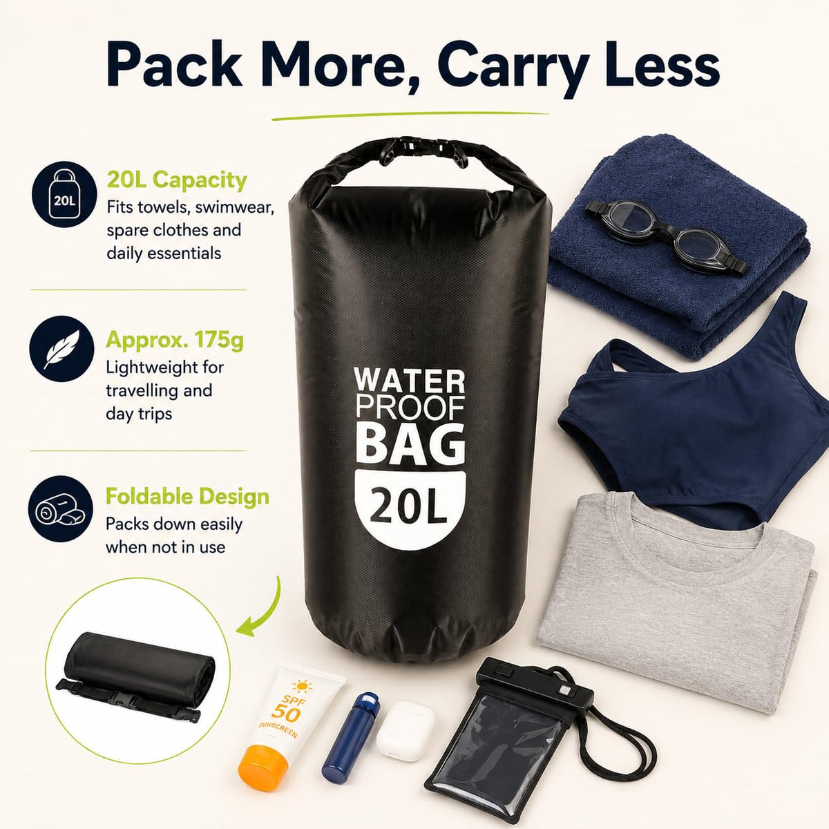 TGJBER 20L Black Dry Bags Waterproof Lightweight Nylon Storage Carry Sack NEW