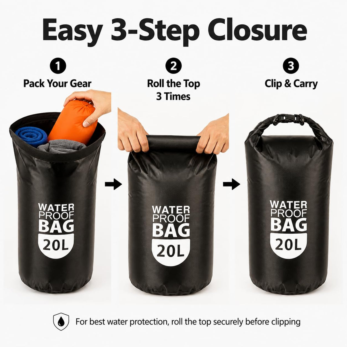 TGJBER 20L Black Dry Bags Waterproof Lightweight Nylon Storage Carry Sack NEW