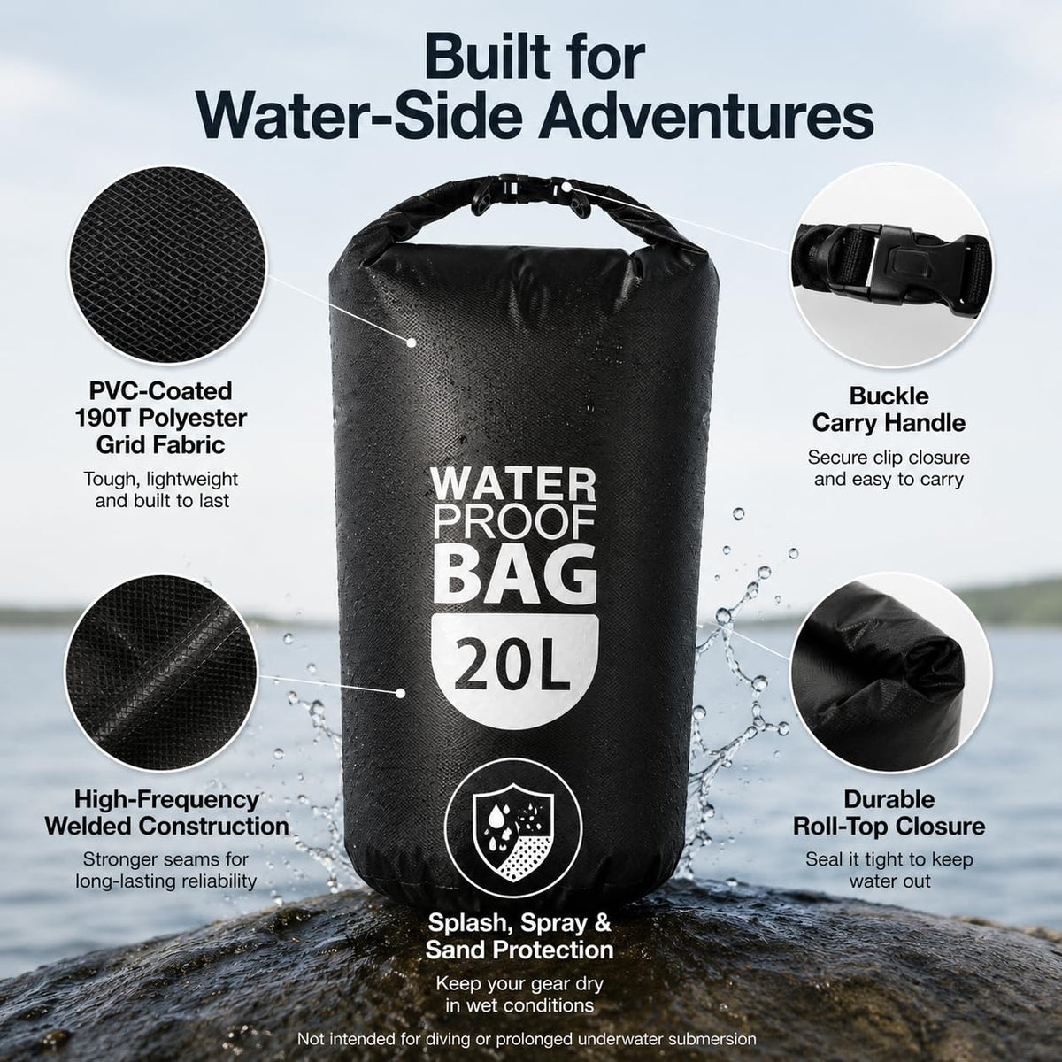 TGJBER 20L Black Dry Bags Waterproof Lightweight Nylon Storage Carry Sack NEW