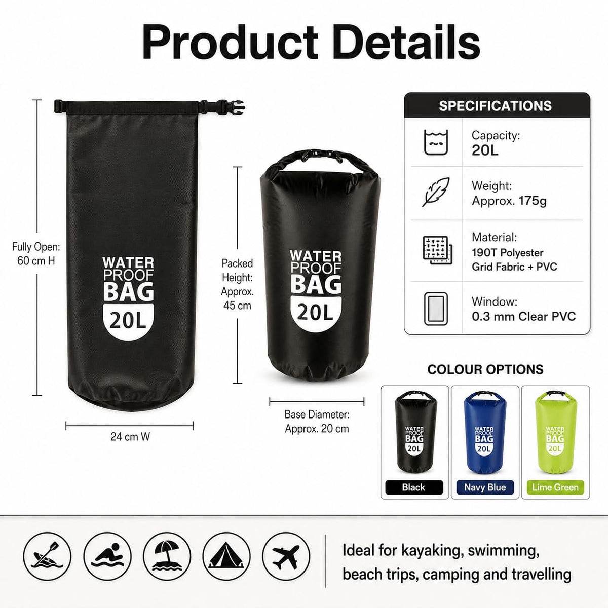 TGJBER 20L Black Dry Bags Waterproof Lightweight Nylon Storage Carry Sack NEW