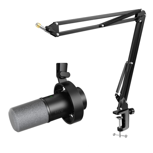 FIFINE Dynamic Microphone with Suspension Scissor Mic Stand Kit, XLR/USB NEW