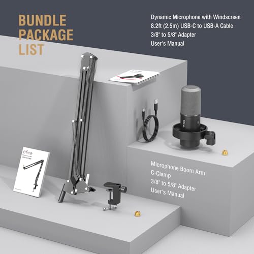 FIFINE Dynamic Microphone with Suspension Scissor Mic Stand Kit, XLR/USB NEW
