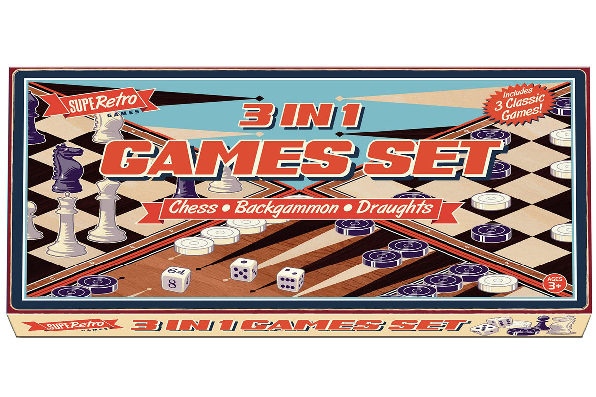 Supe Retro Games 3 in 1 Games Set Chess, Backgammon, Draughts Ages 3+ NEW
