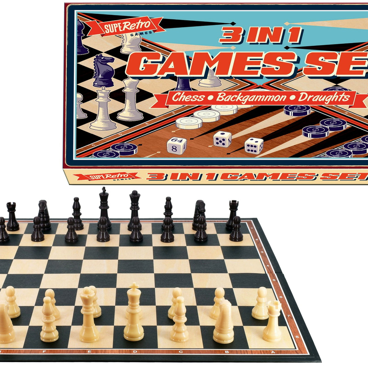 Supe Retro Games 3 in 1 Games Set Chess, Backgammon, Draughts Ages 3+ NEW