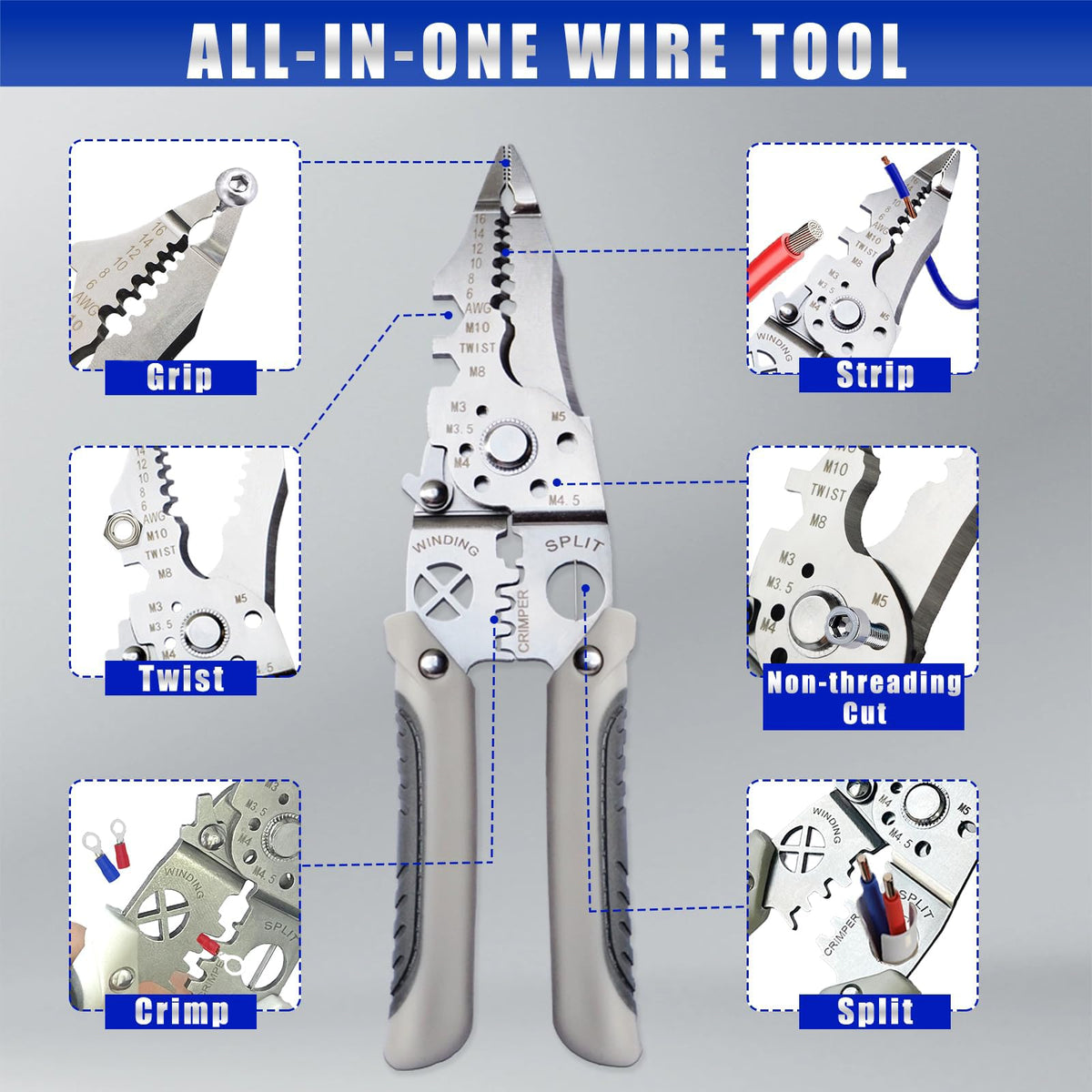 FLRMINGE 9-in-1 Wire Stripper Tool Cutter Crimper Adjustable Wirewhite NEW