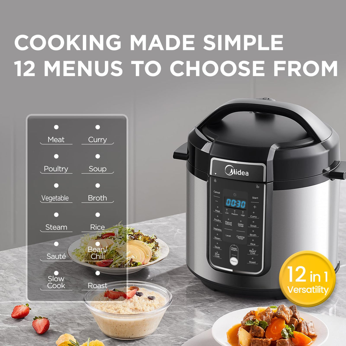 Midea 6L Electric Pressure Cooker Stainless Steel 12 Presets 24H Delay DEMO