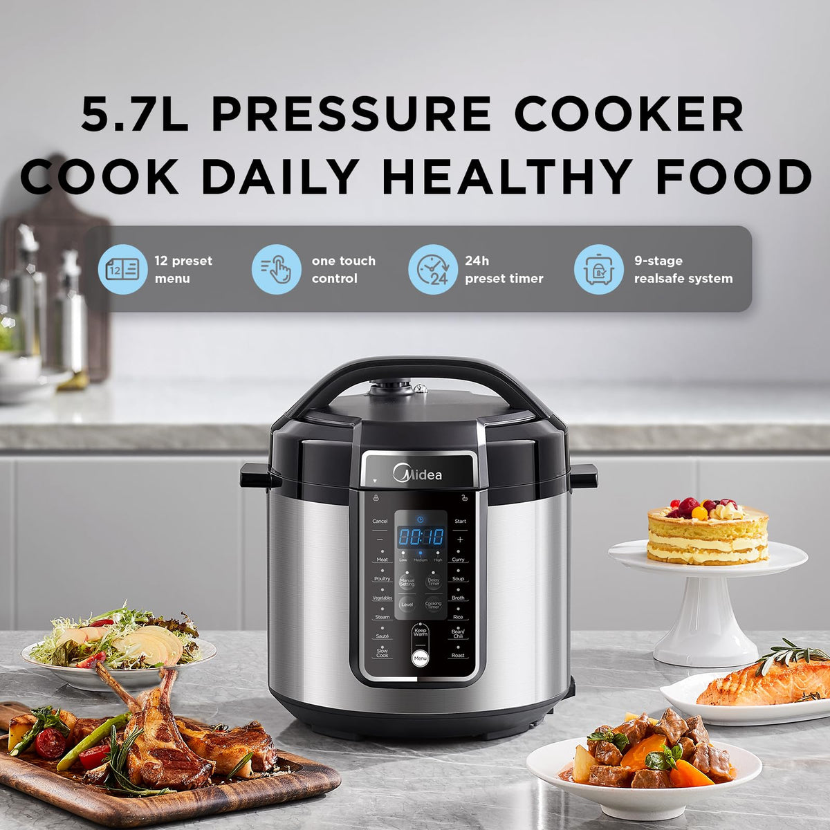 Midea 6L Electric Pressure Cooker Stainless Steel 12 Presets 24H Delay DEMO