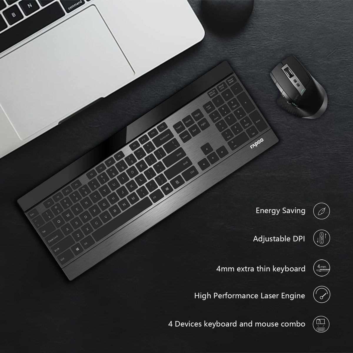 RAPOO Wireless Keyboard and Mouse Combo Bluetooth Black Set 9900M NEW