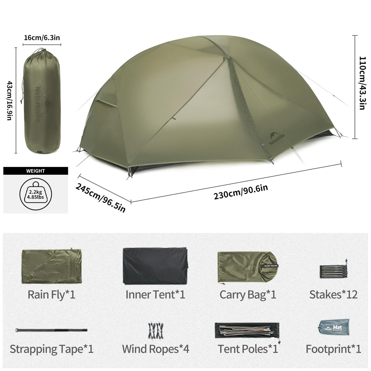 Naturehike Mongar PRO Ultralight Dome Tent 5000mm Waterproof Size 2 Person NEW