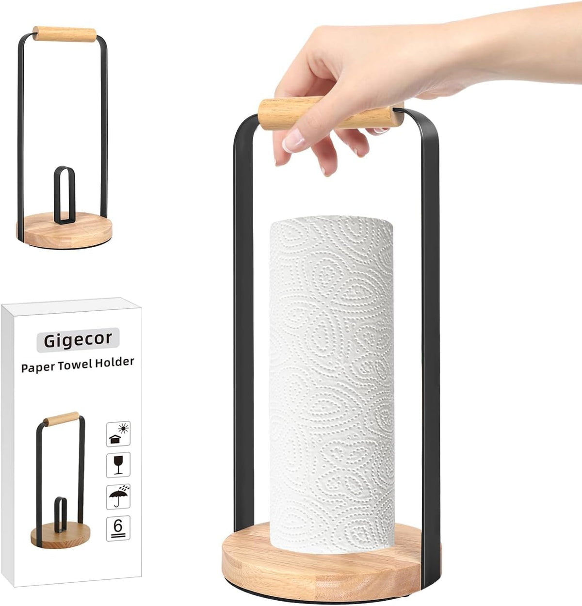 Gigecor Timber & Black Countertop Paper Towel Holder for Jumbo Rolls NEW