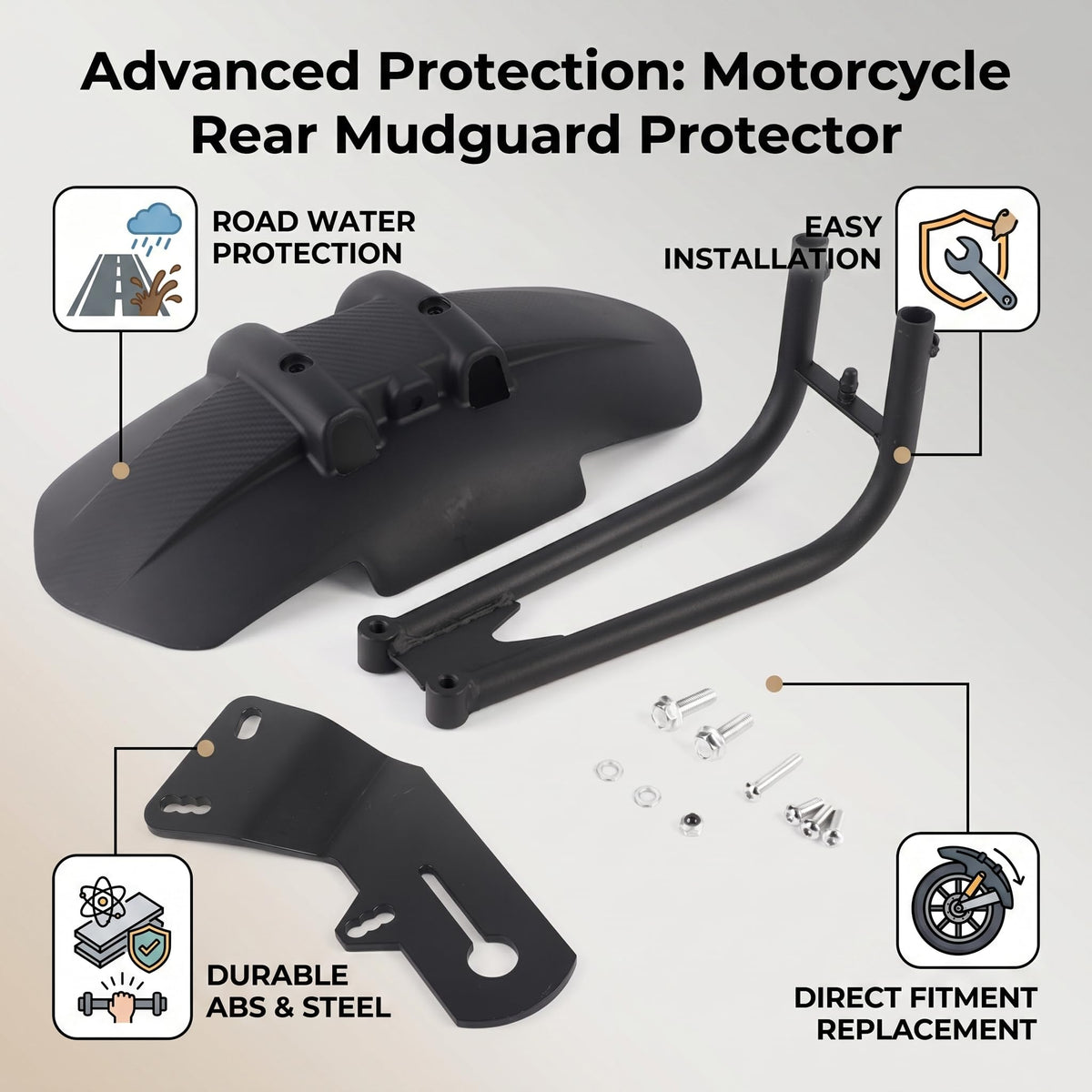 SOULONG Universal Motorcycle Rear Mudguard Water Shield - Black NEW