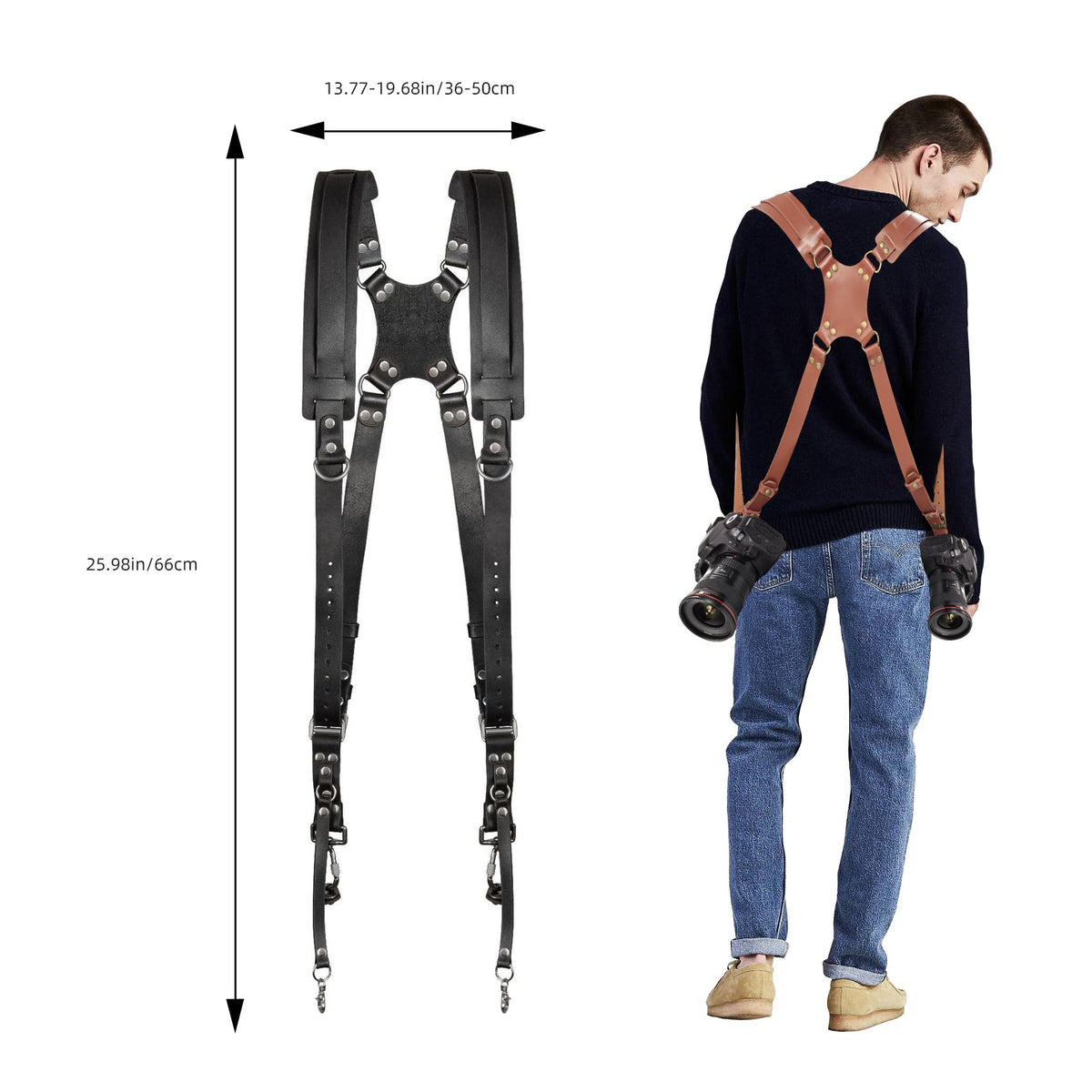 ZXCVBNM Dual Camera Strap Adjustable Leather Harness Black 35-50cm Size NEW