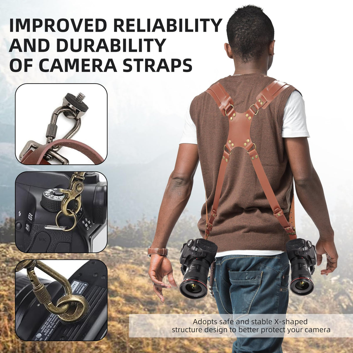 ZXCVBNM Dual Camera Strap Adjustable Leather Harness Black 35-50cm Size NEW