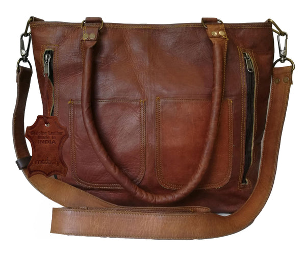 Madosh Brown Genuine Leather Tote Bag Large 12" x 15" 5" Capacity NEW
