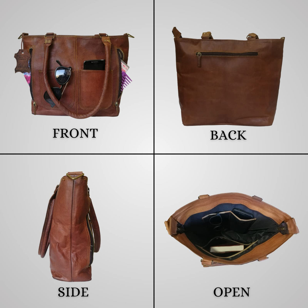 Madosh Brown Genuine Leather Tote Bag Large 12" x 15" 5" Capacity NEW
