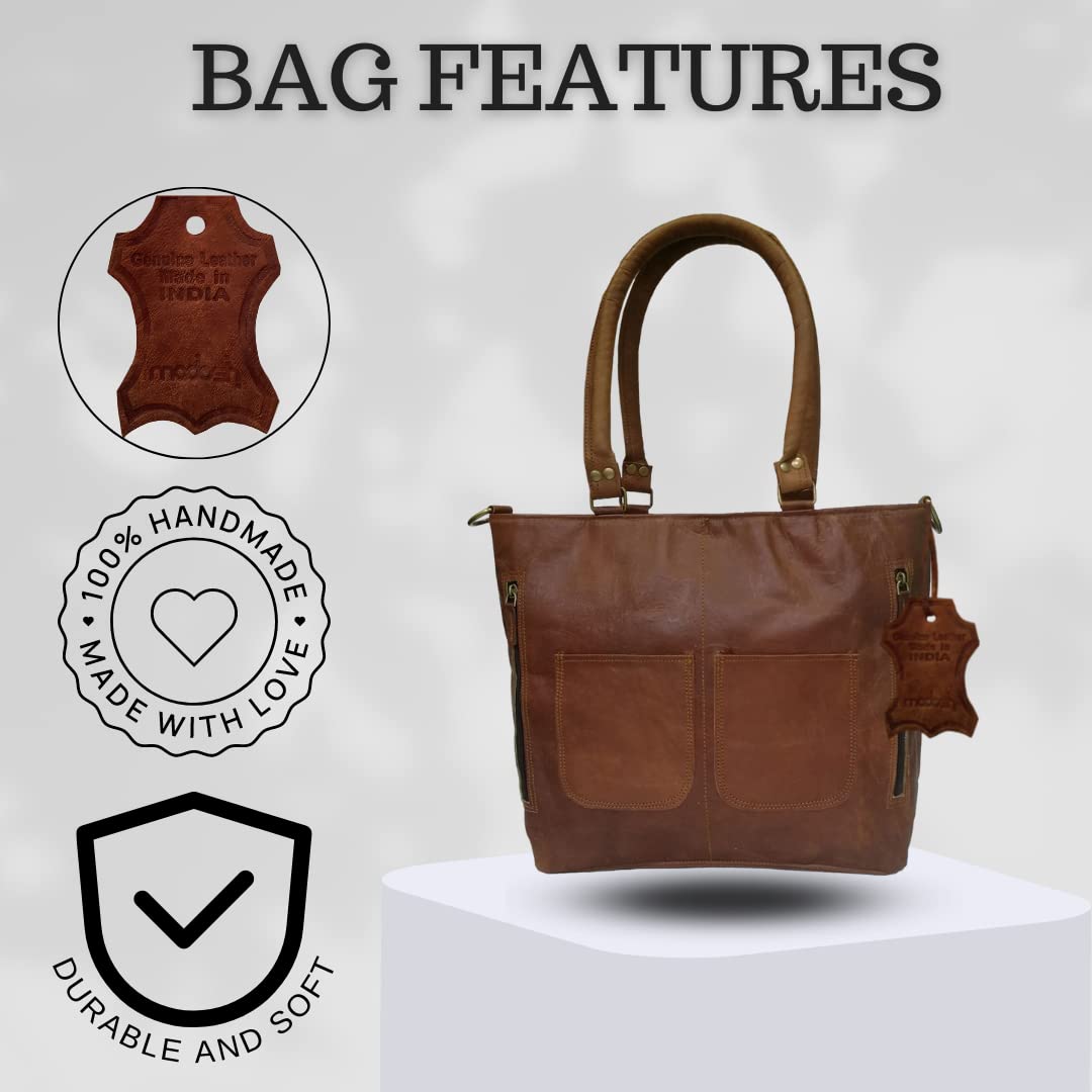 Madosh Brown Genuine Leather Tote Bag Large 12" x 15" 5" Capacity NEW