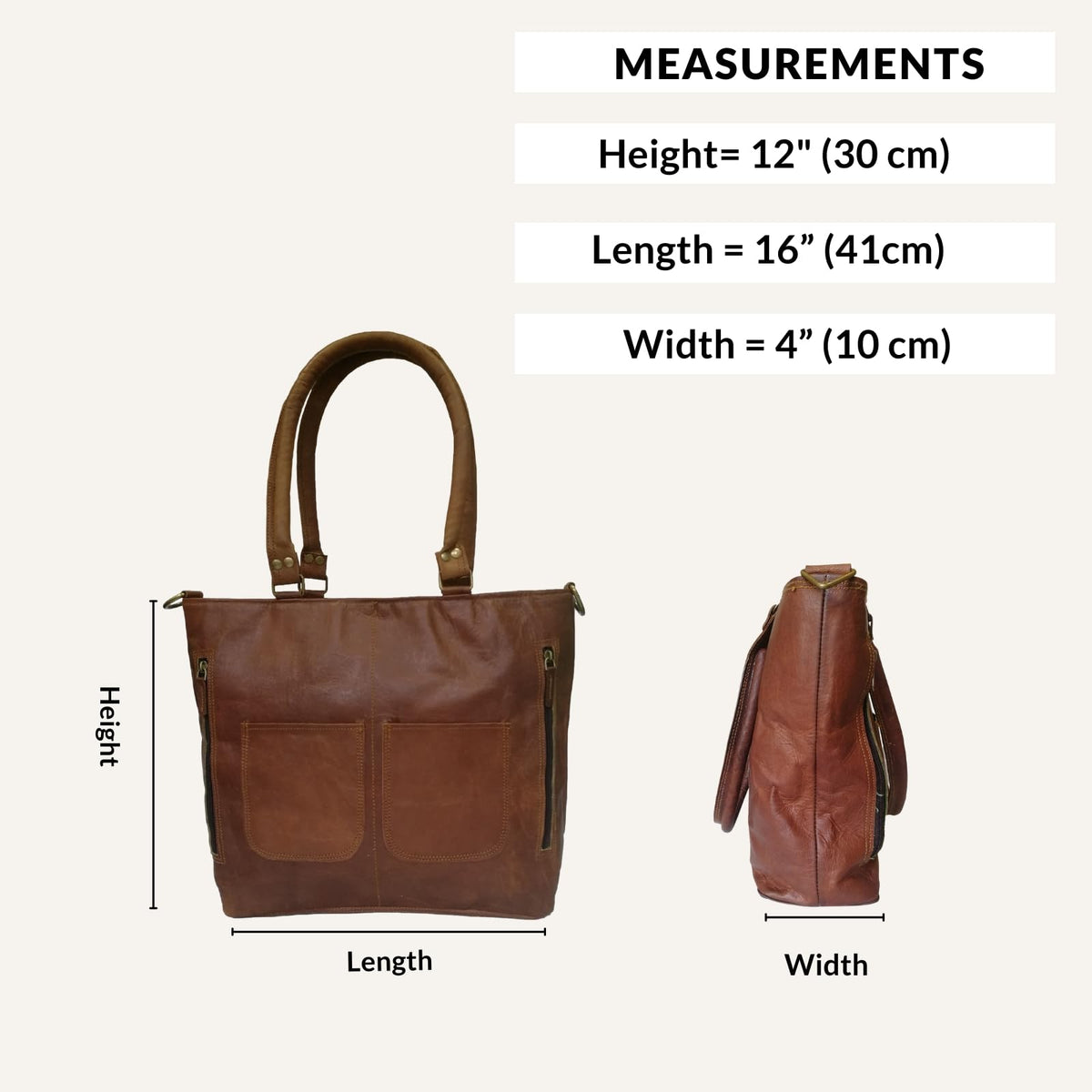 Madosh Brown Genuine Leather Tote Bag Large 12" x 15" 5" Capacity NEW