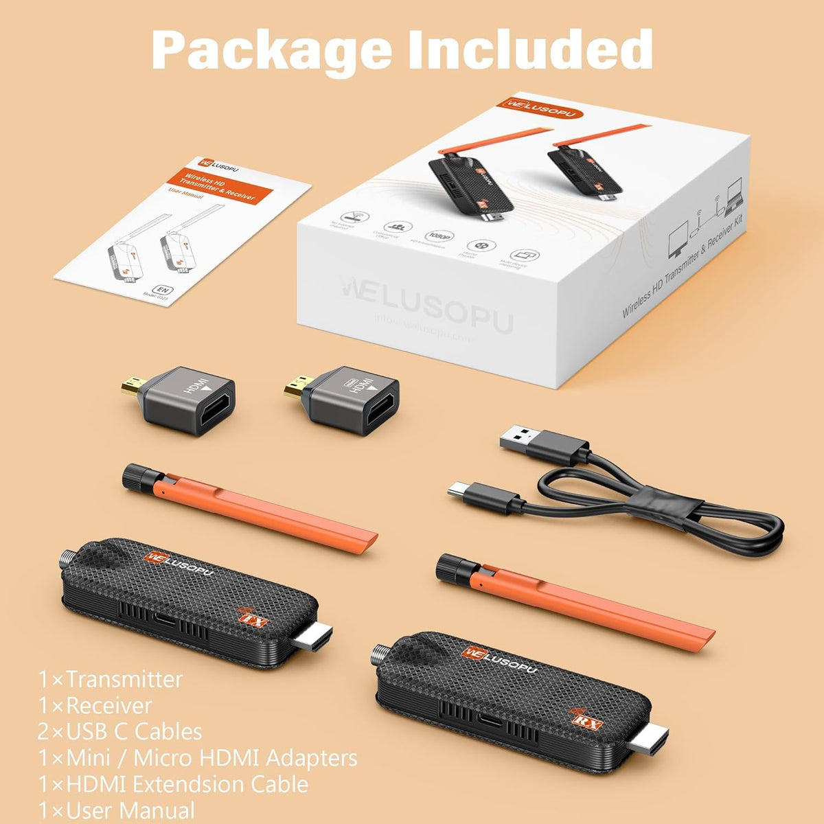 WELUSOPU Wireless Streaming Clients HDMI Transmitter Receiver 165FT Orange DEMO