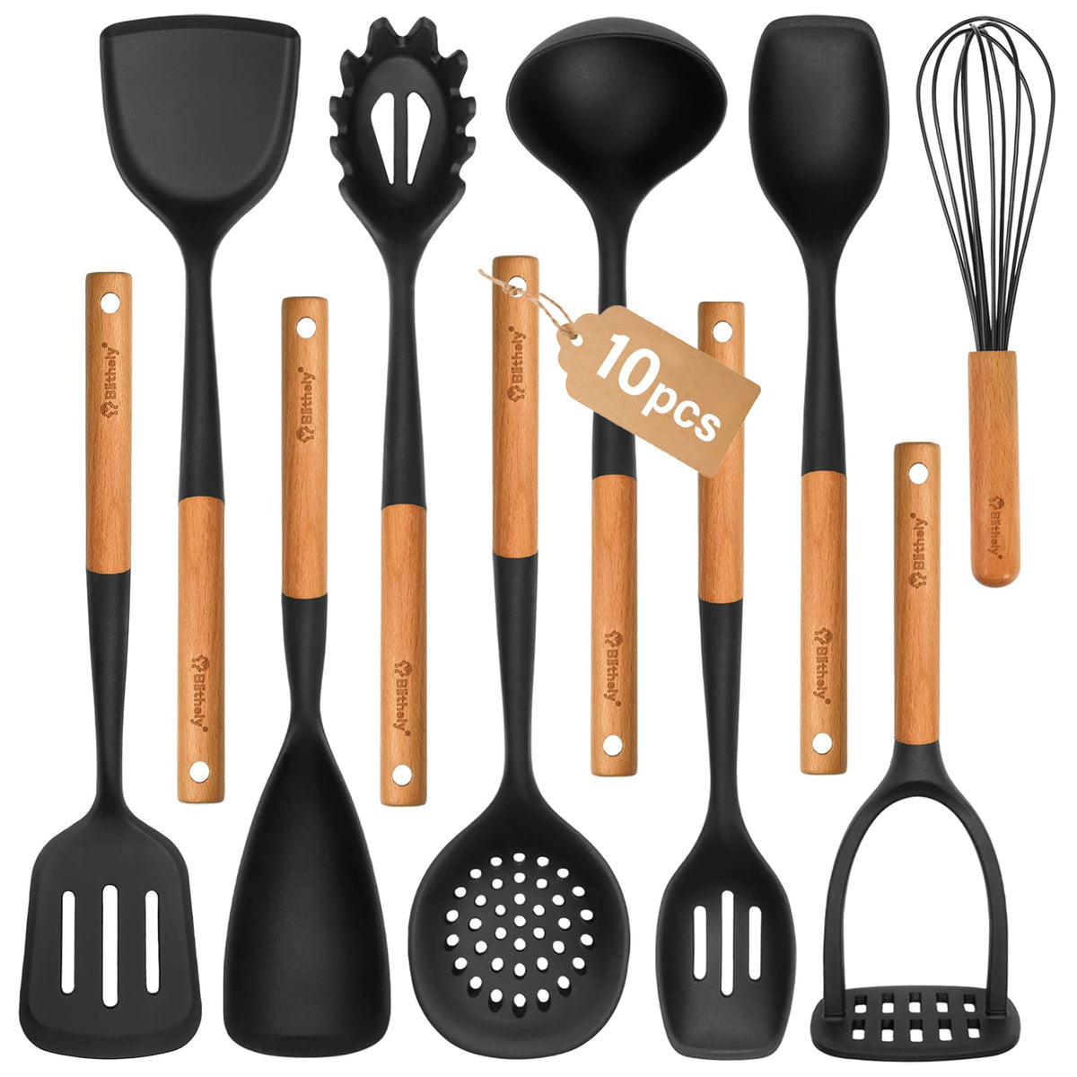 Blithely Black Spatulas Silicone Cooking Utensils Set Nonstick 33cm NEW