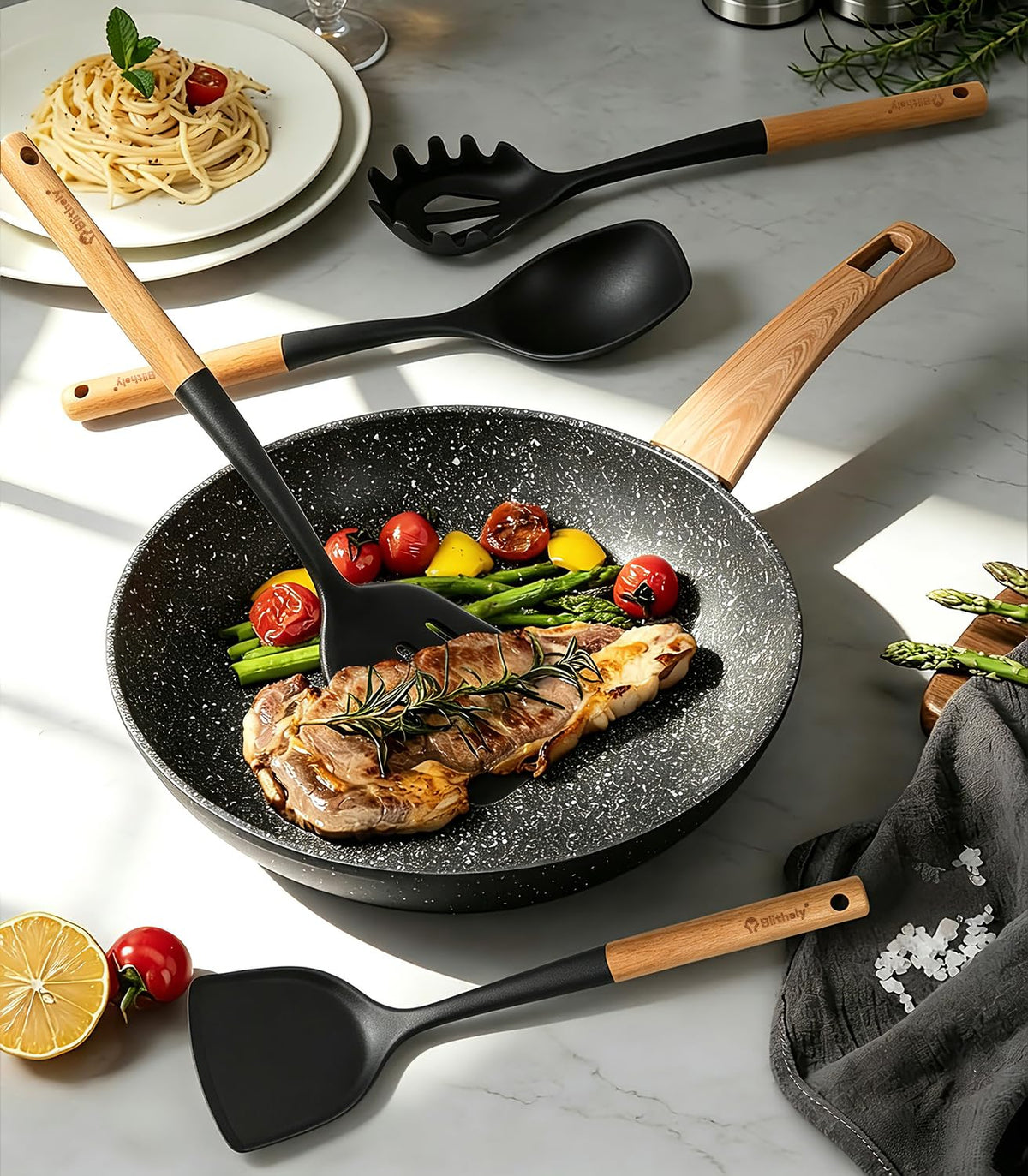 Blithely Black Spatulas Silicone Cooking Utensils Set Nonstick 33cm NEW