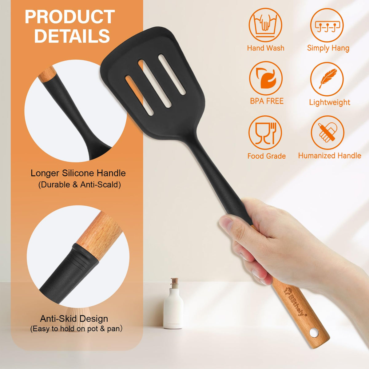Blithely Black Spatulas Silicone Cooking Utensils Set Nonstick 33cm NEW