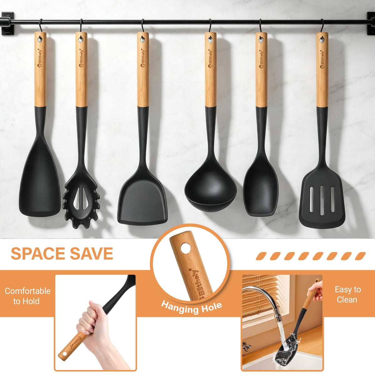 Blithely Black Spatulas Silicone Cooking Utensils Set Nonstick 33cm NEW