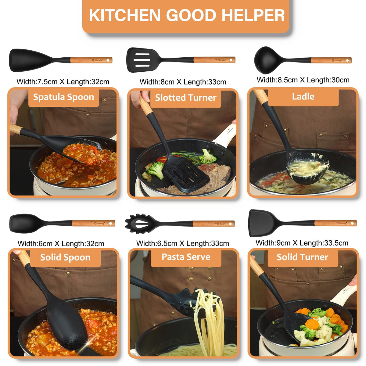 Blithely Black Spatulas Silicone Cooking Utensils Set Nonstick 33cm NEW