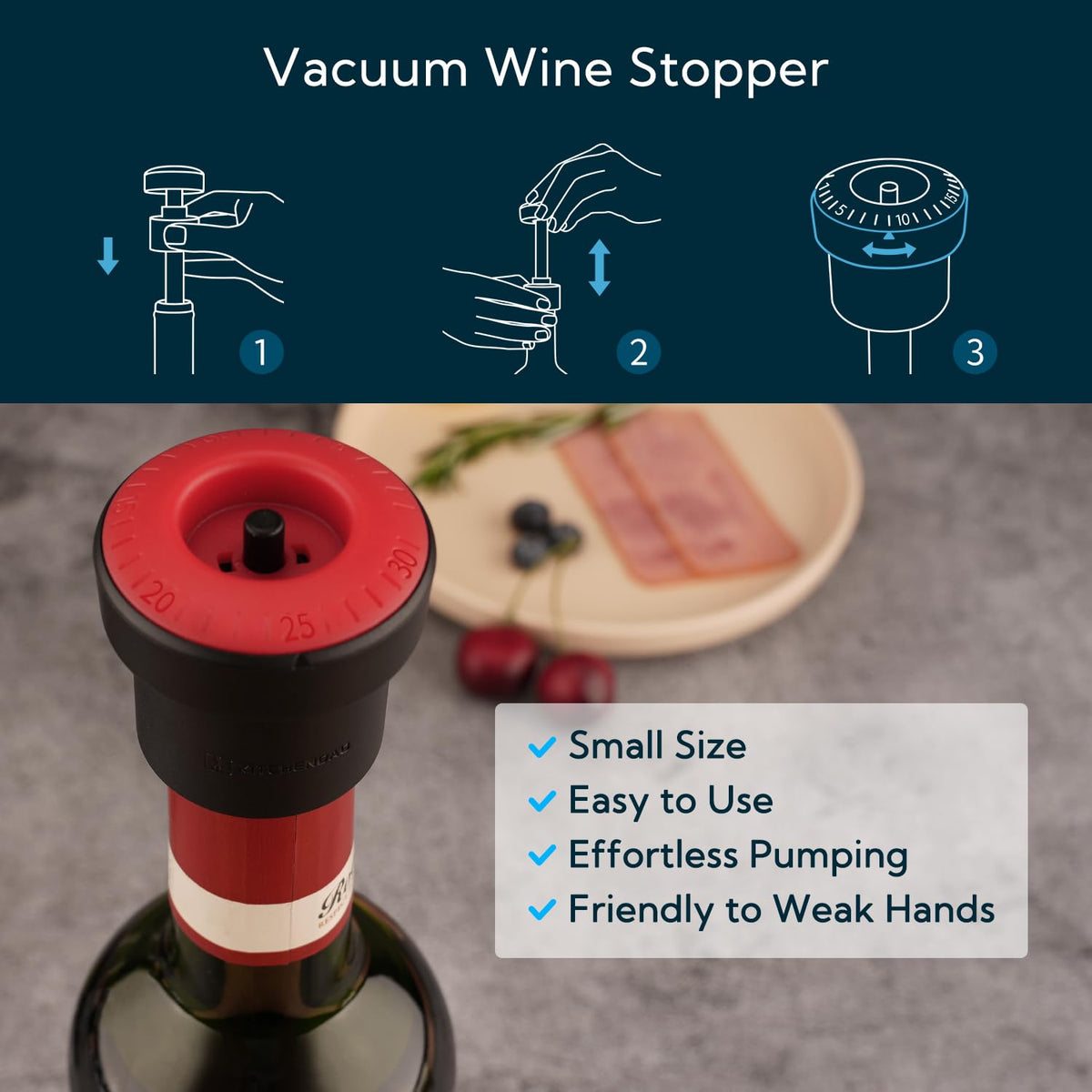 KITCHENDAO 2-in-1 Vacuum Wine Stopper with Built-in Pump - Black NEW