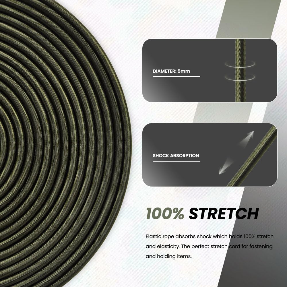 Abma Cord 5mm x 10M Army Green Bungee Elastic Shock Size 5mm x 10M NEW