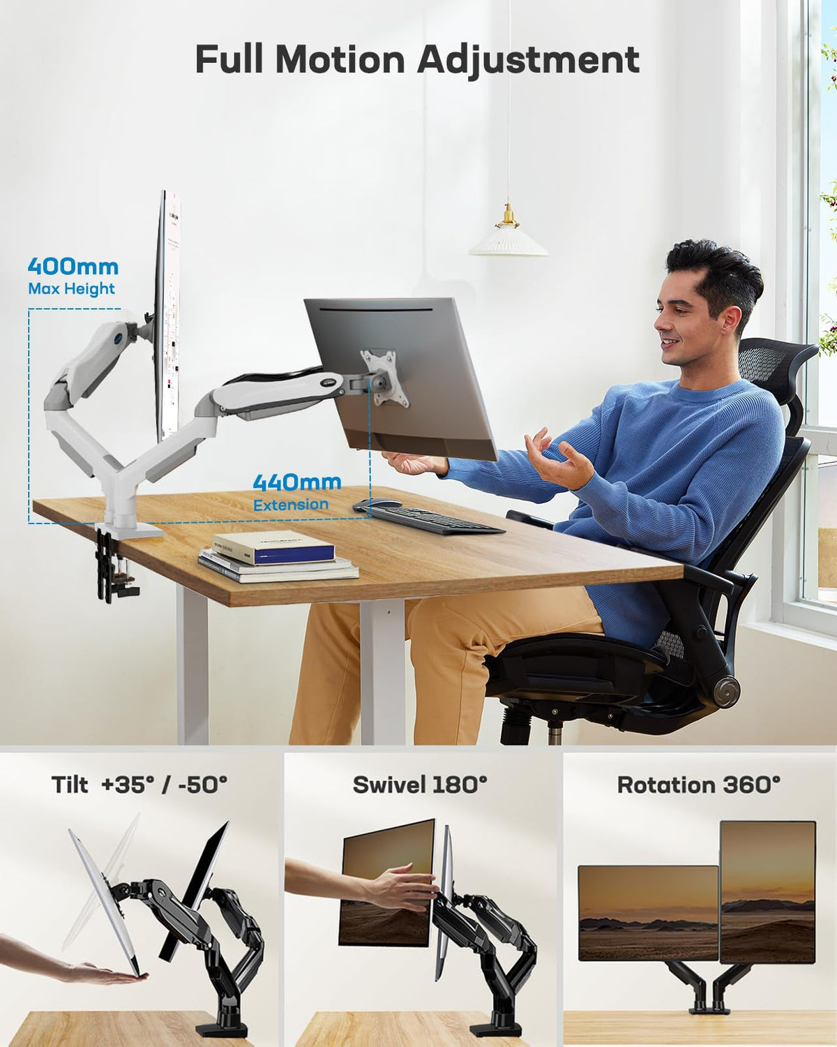 HUANUO Dual Monitor Arm Full Adjustable Gas Spring White Stand DEMO