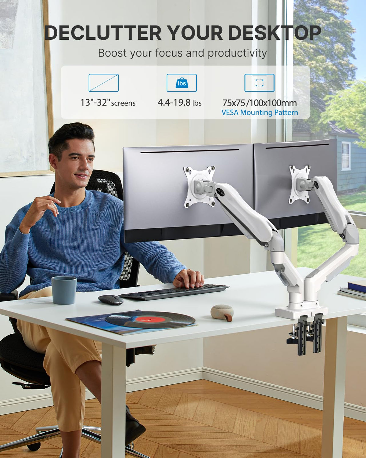 HUANUO Dual Monitor Arm Full Adjustable Gas Spring White Stand DEMO