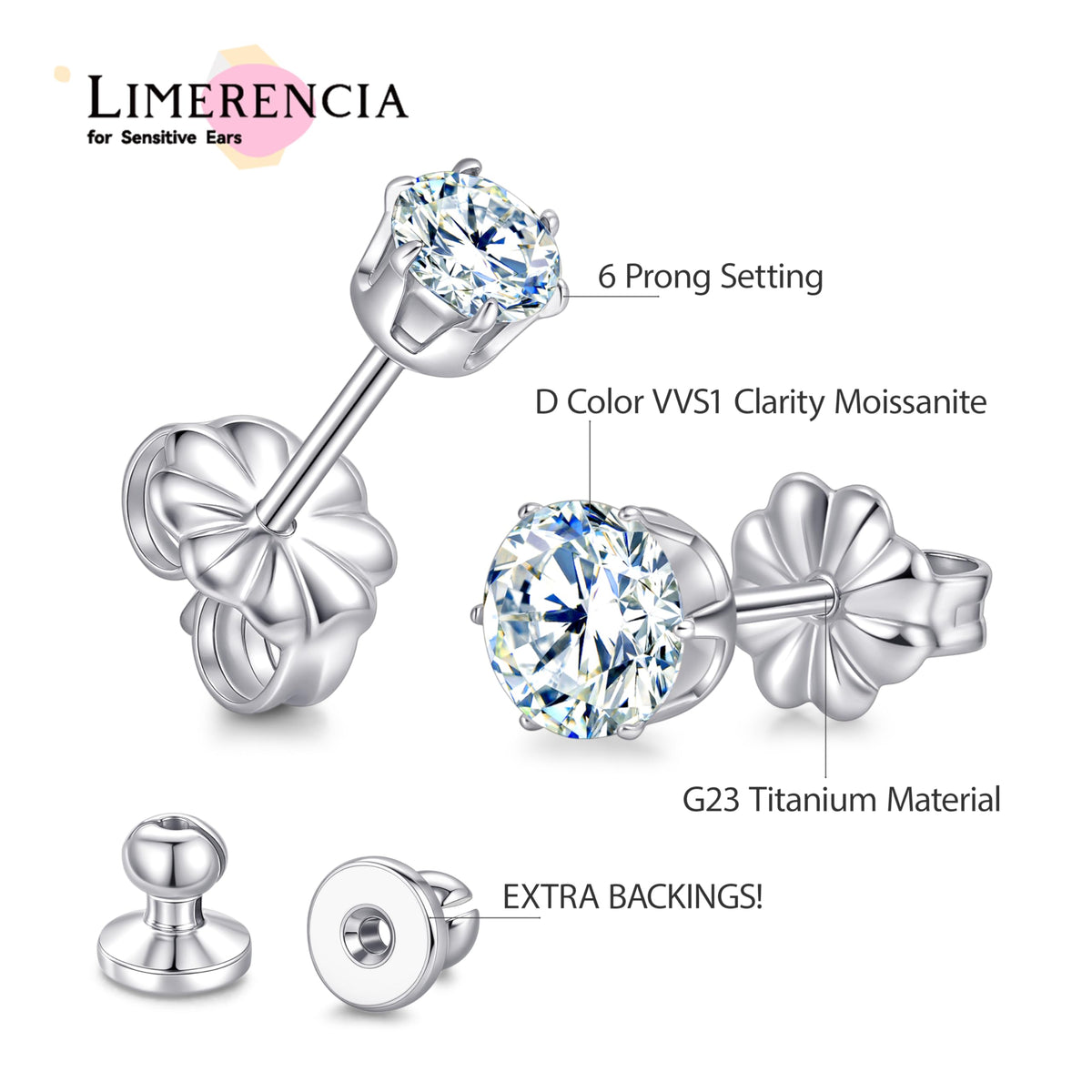 Limerencia Moissanite Stud Earrings - Hypoallergenic G23 Titanium NEW