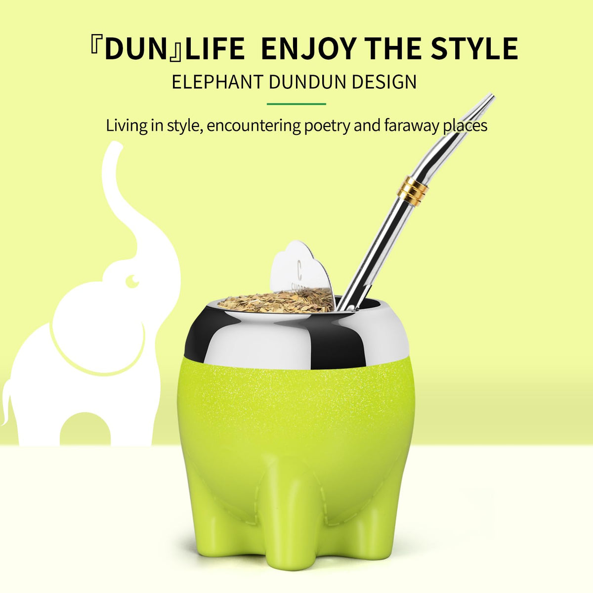 Cuopru Yellow Elephant  Dundun Yerba Mate Cup 5 in 1 Tea Cup 5.4oz Stainless NEW