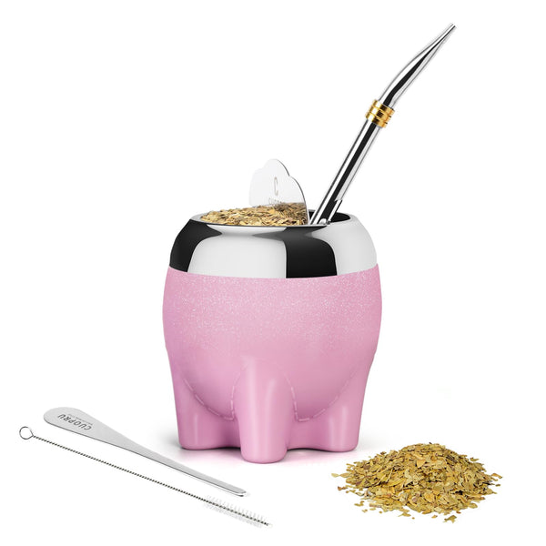 Cuopru Pink Elephant Dundun Yerba Mate Tea Set 5 in 1 Stainless Steel 92mm NEW